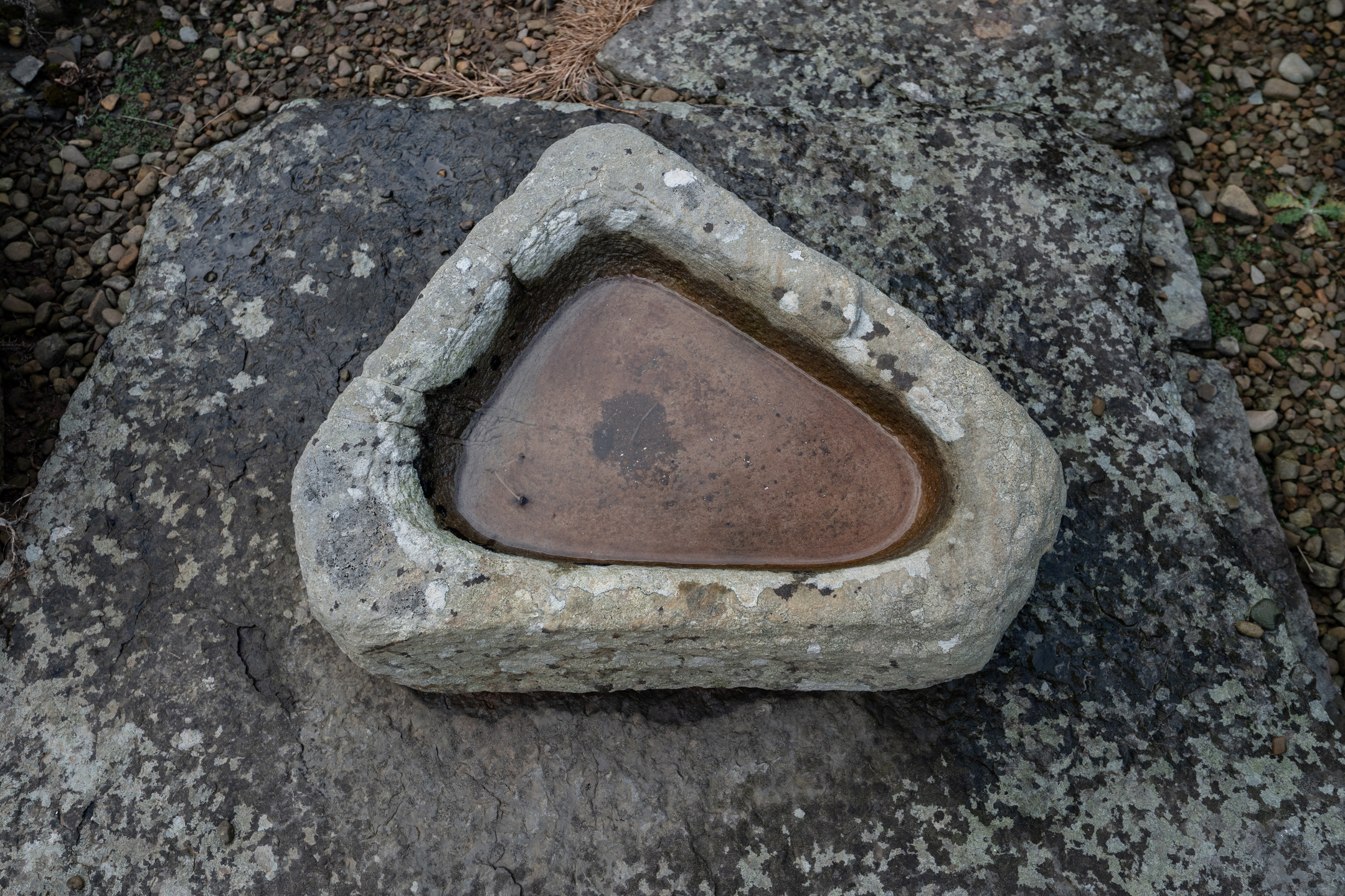 Close-up of a triangular carved stone basin filled with rainwater, resting on a larger flat stone surface inside the broch.