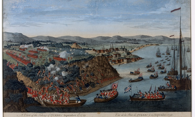 Engraving showing British troops in red coats assaulting French positions near a river during the 1759 Battle of Quebec with ships and a fortified town in the background.