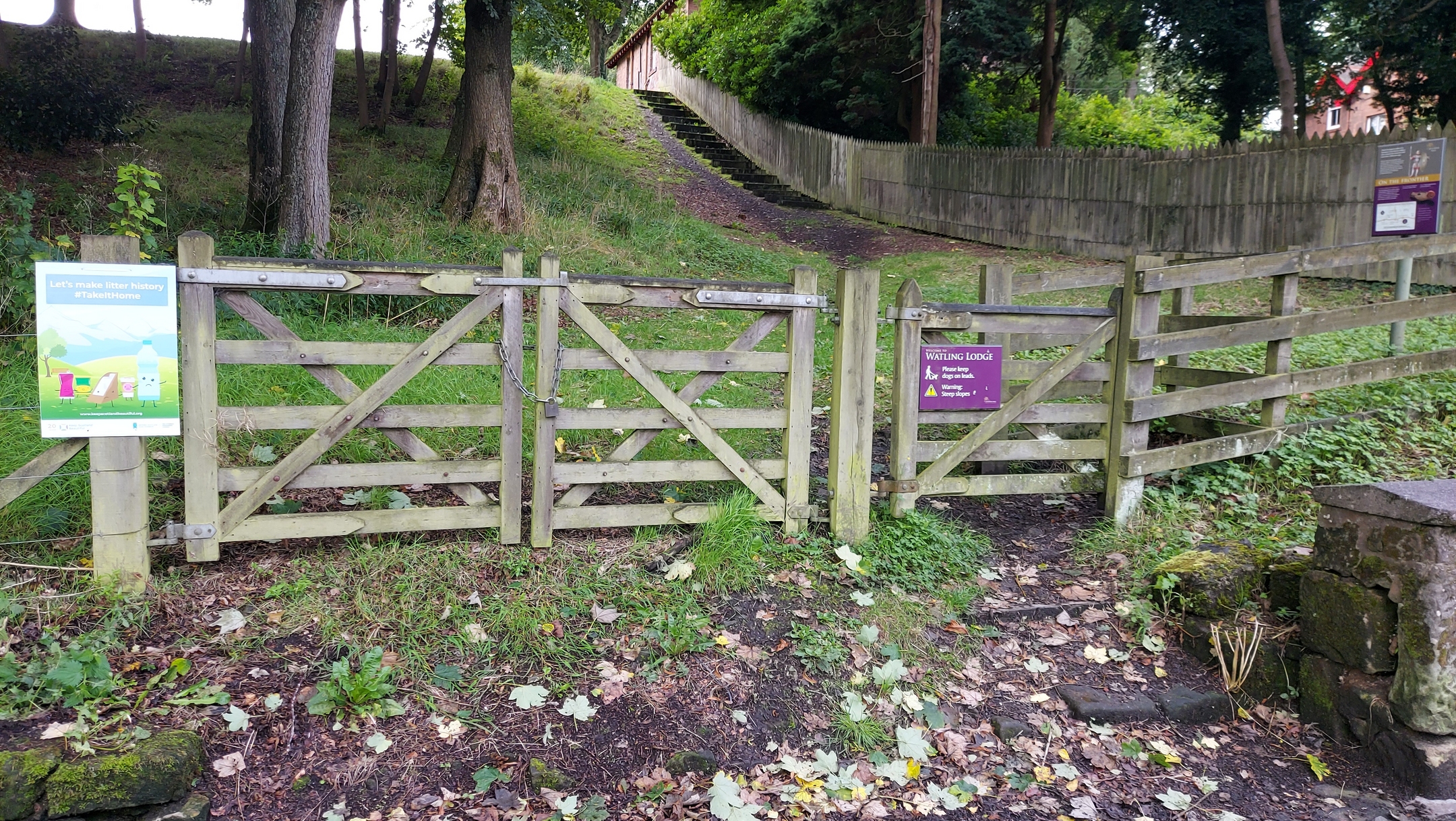 Wooden entrance gates leading to the Antonine Wall site at Watling Lodge