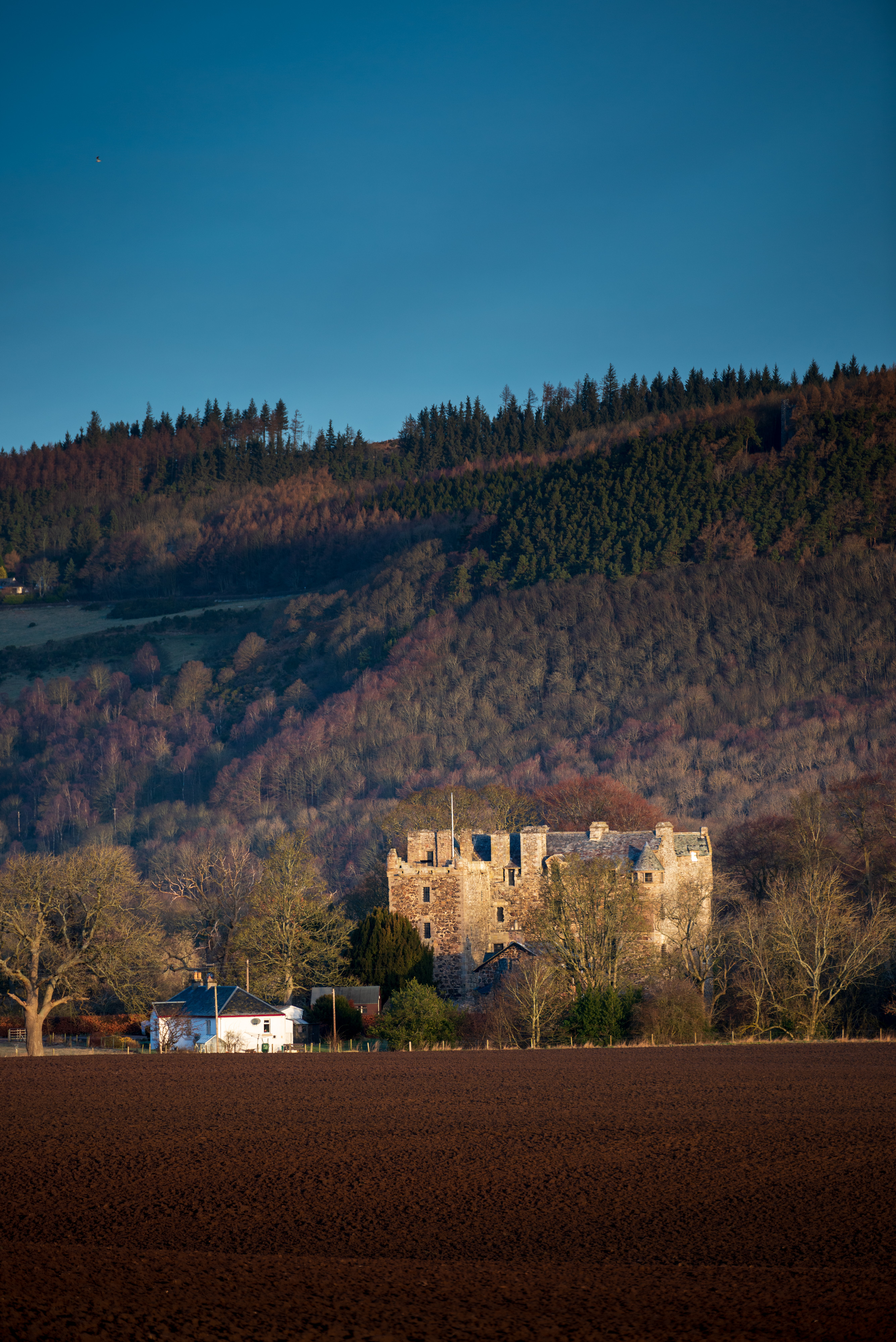 A distant view of Elcho Castle, a tall stone tower house surrounded by bare winter trees, with a backdrop of forested hills under a clear blue sky. A white cottage sits in front of the castle, and the foreground shows a ploughed brown field.