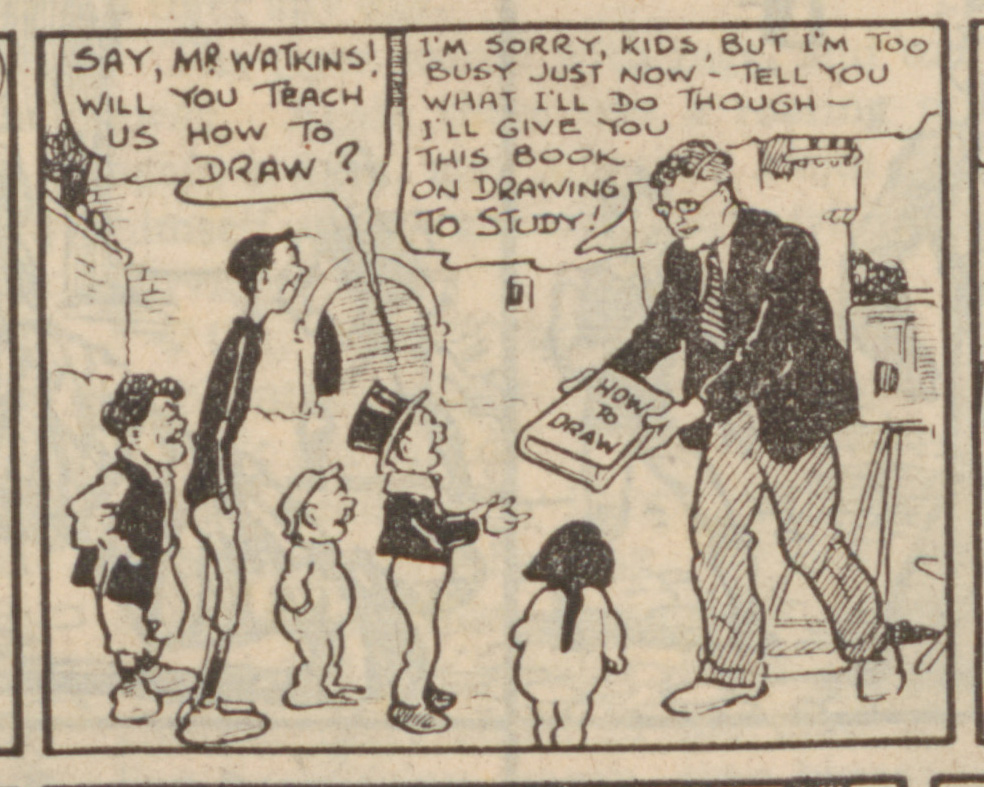Image of Dudley D Watkin in a Beano comic strip. Pictured handing a book to a group of children titled: 'How to Draw'.