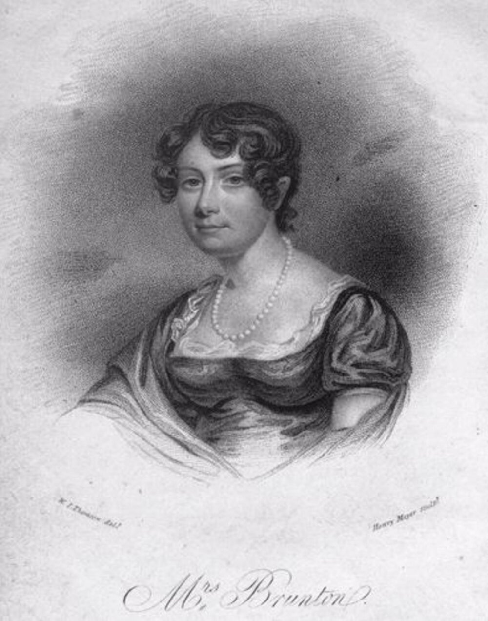 A pencil drawing of a person dressed in 19th Century ladies clothing and wearing a pearl necklace. They are looking at the viewer and smiling.