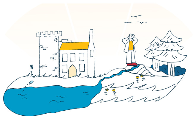 A hand drawn illustration of a bird watcher in front of a stately Scottish castle.