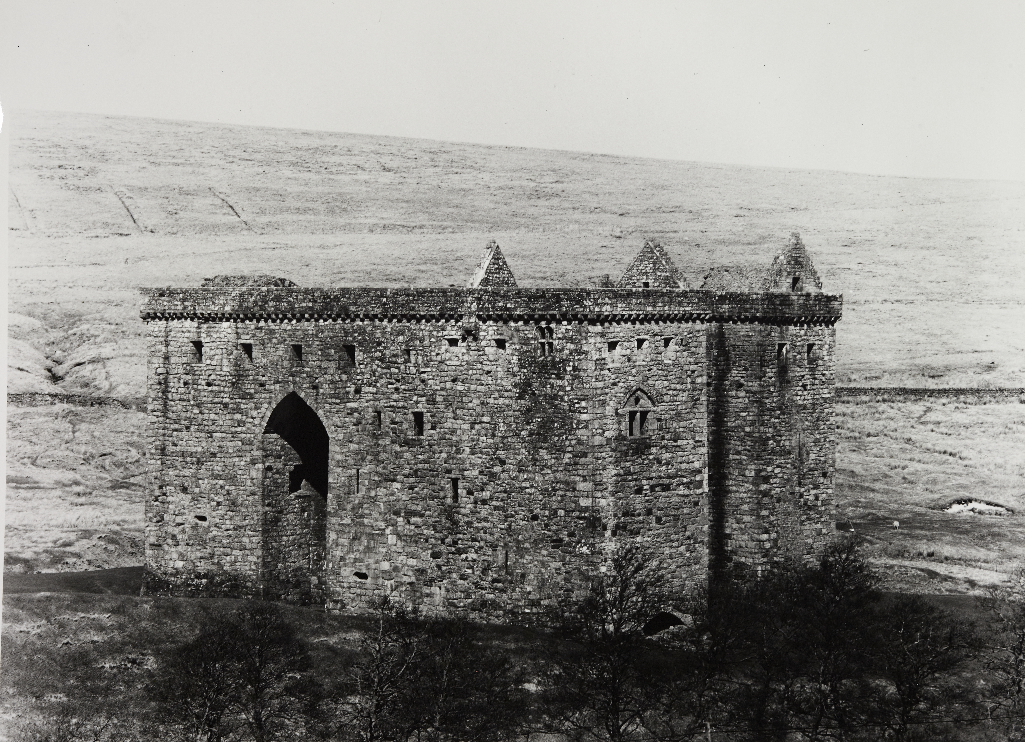 Moody black and white image of well-maintained castle