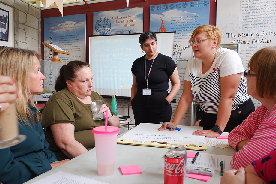 Five women stand or sit around a table, they are writing on a large flipboard