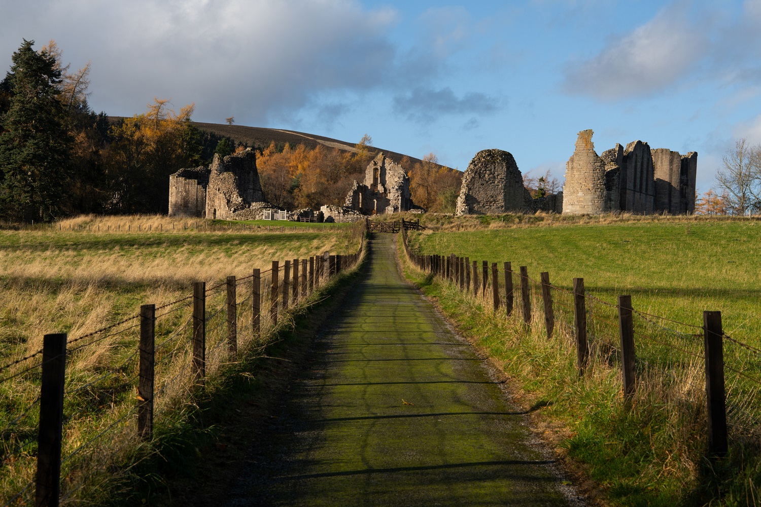 Long straight path lined with wooden fence posts leading across grassy fields toward the ruins of a stone castle. The broken towers and walls stand against a backdrop of autumn-coloured trees.