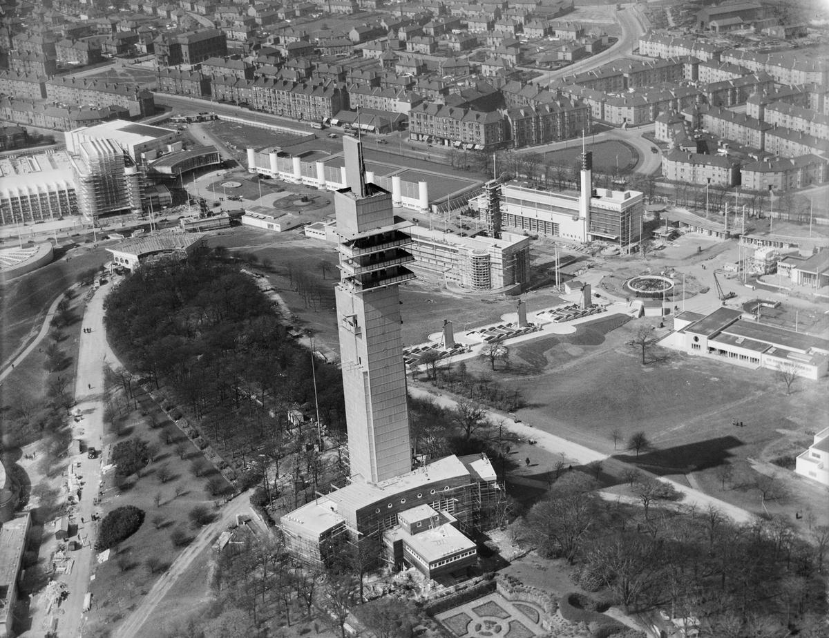 Tower of Empire, 1938 Empire Exhibition, Bellahouston Park, Glasgow, under construction.  Oblique aerial photograph taken facing north-west. 