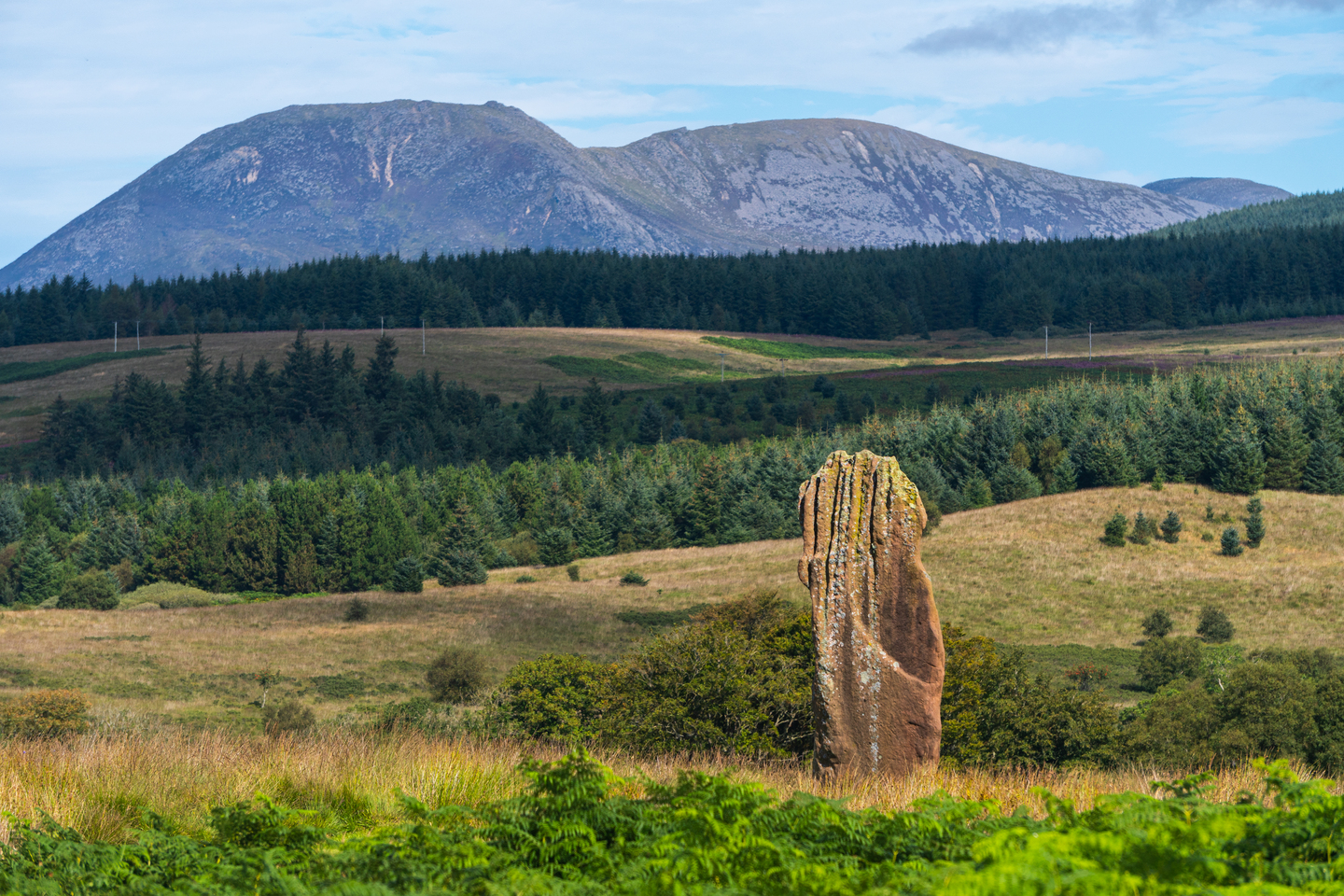 A standing stone, with a mountain and forests in the distance.