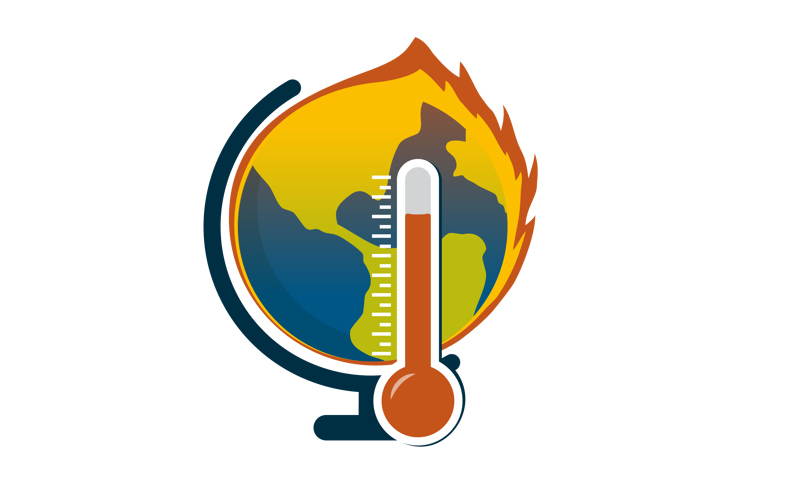 Illustration of a globe on fire with a thermometer showing a high temperature.
