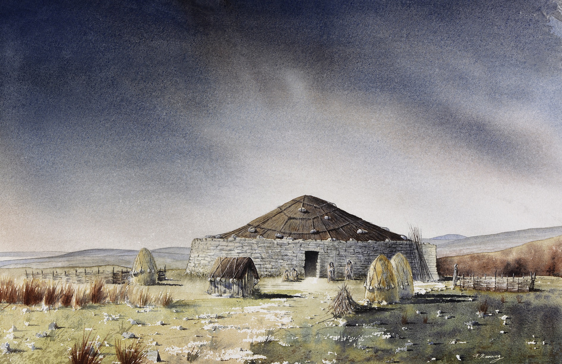 A watercolor painting depicting a reconstruction of an ancient stone-built roundhouse with a conical thatched roof. The structure is surrounded by a grassy landscape. Several smaller huts with thatched coverings and wooden frames are positioned near the main building. 