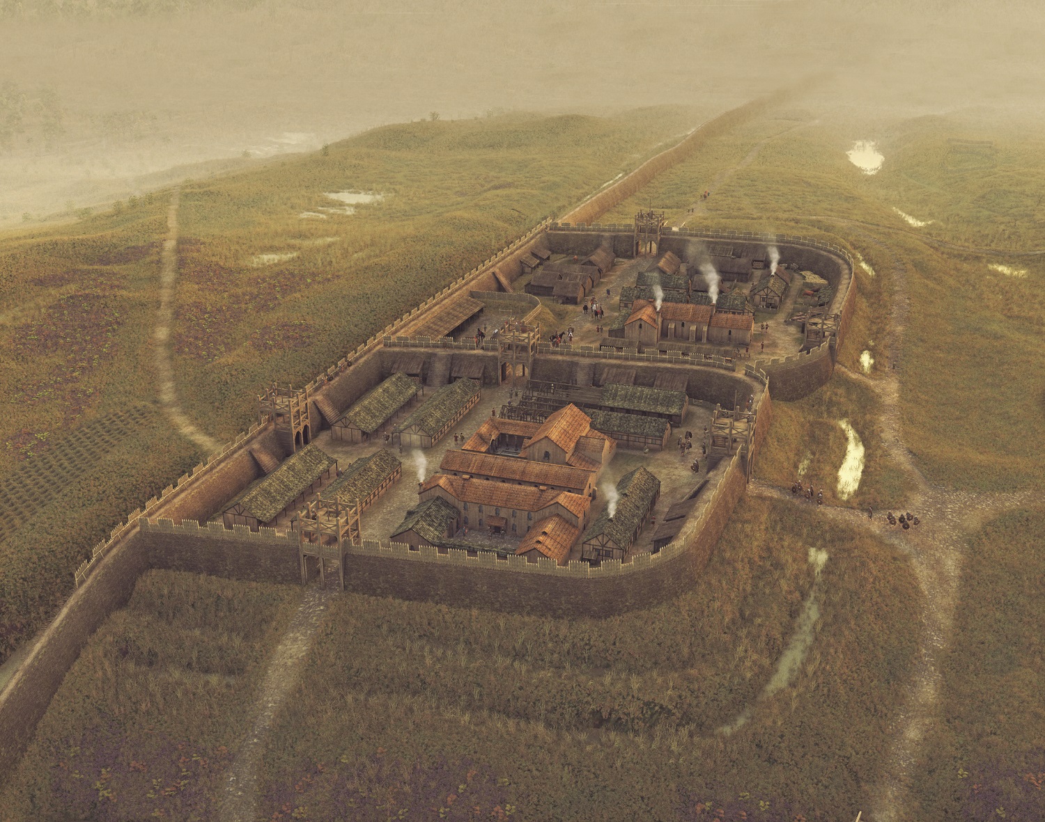 A digital reconstruction of Rough Castle Roman Fort, showing a walled enclosure with timber and stone buildings, watchtowers, smoke rising from rooftops, and surrounding defensive ditches.