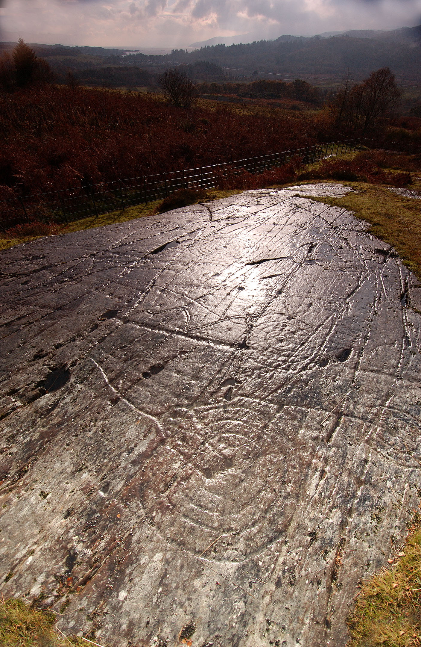 Broad rock with concentric circles and intersecting grooves, shrubs and hills under cloudy sky.