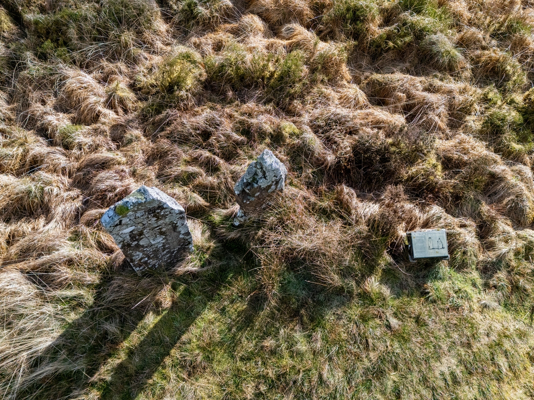The view from above two standing stones and a history panel about them in a grassy moor