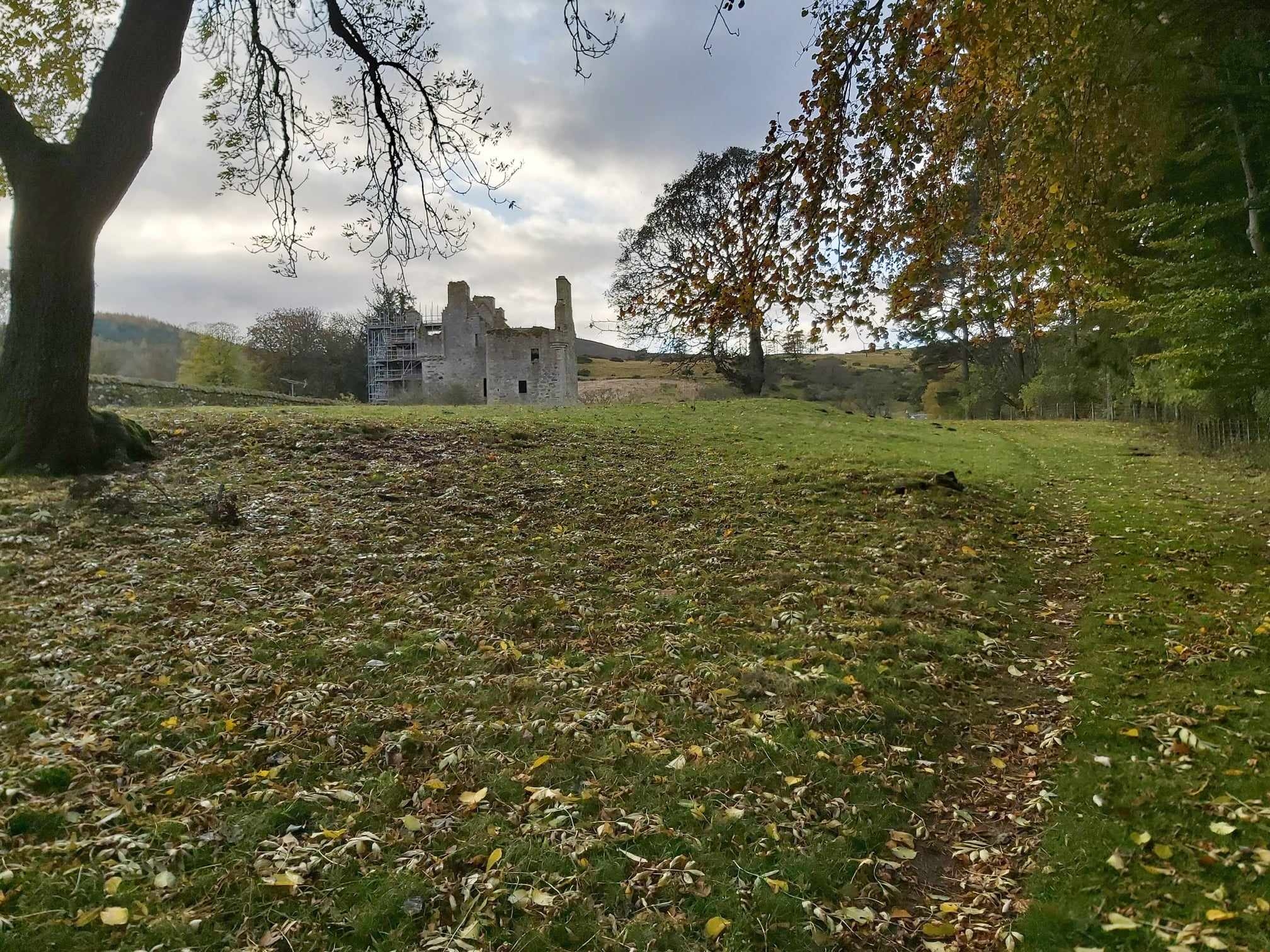 Distant view of Glenbuchat Castle across a grassy, leaf‑strewn field with trees arching over the scene.