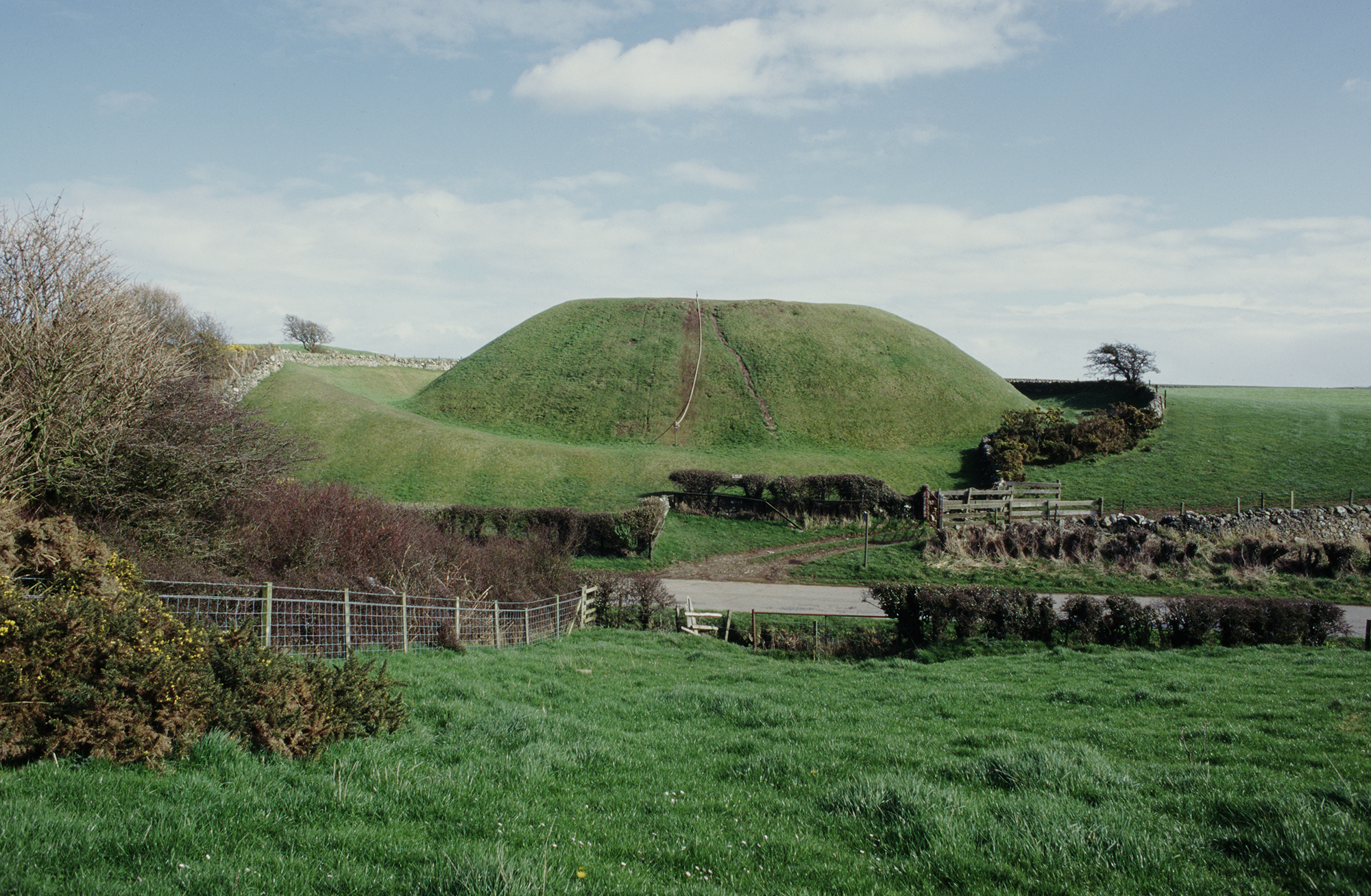 A view of Druchtag Motte from the side showing the fence and trees that surround it.
