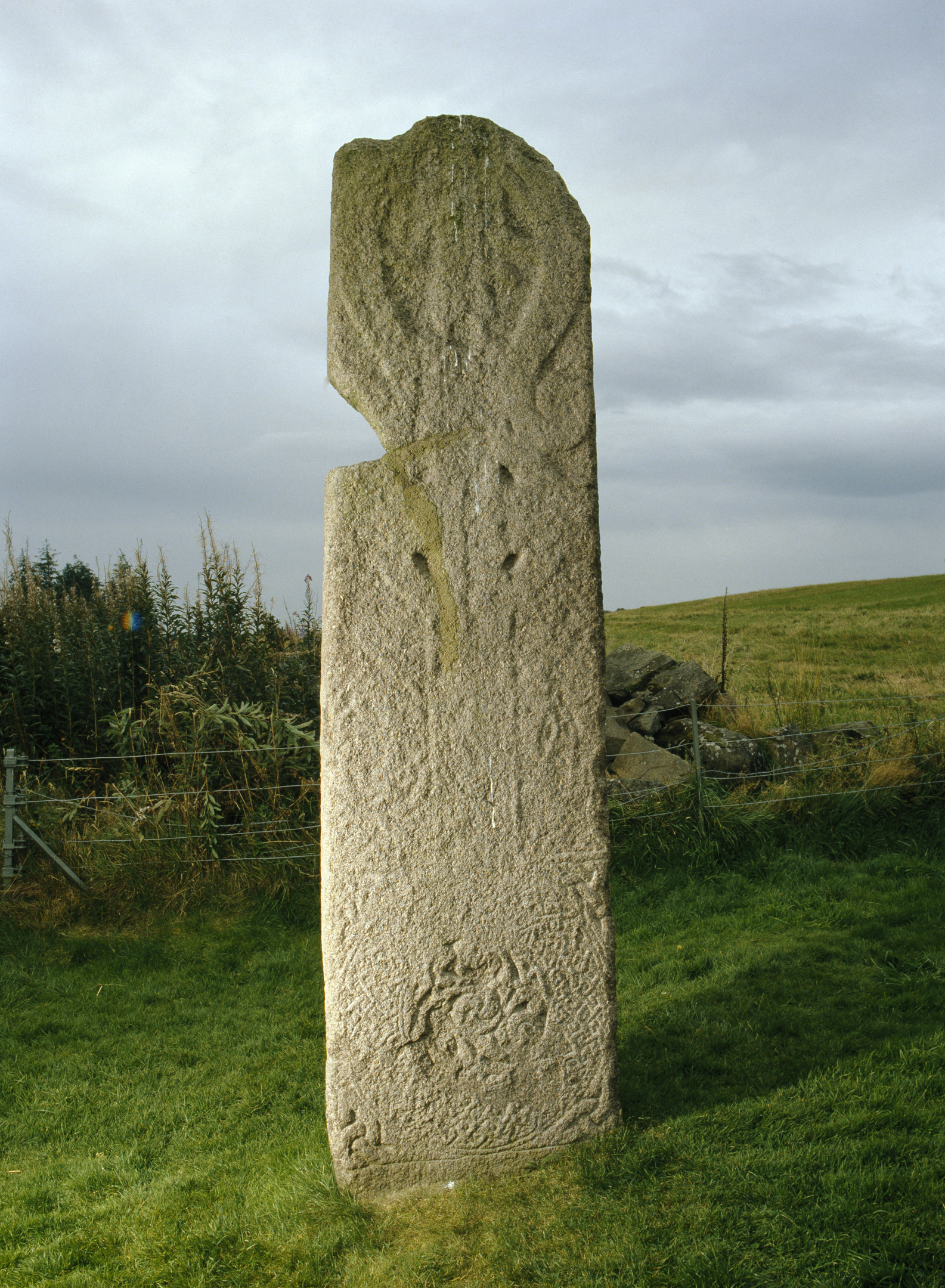 Rear view of the Maiden Stone showing its worn surface with faint carvings, set in a grassy landscape.