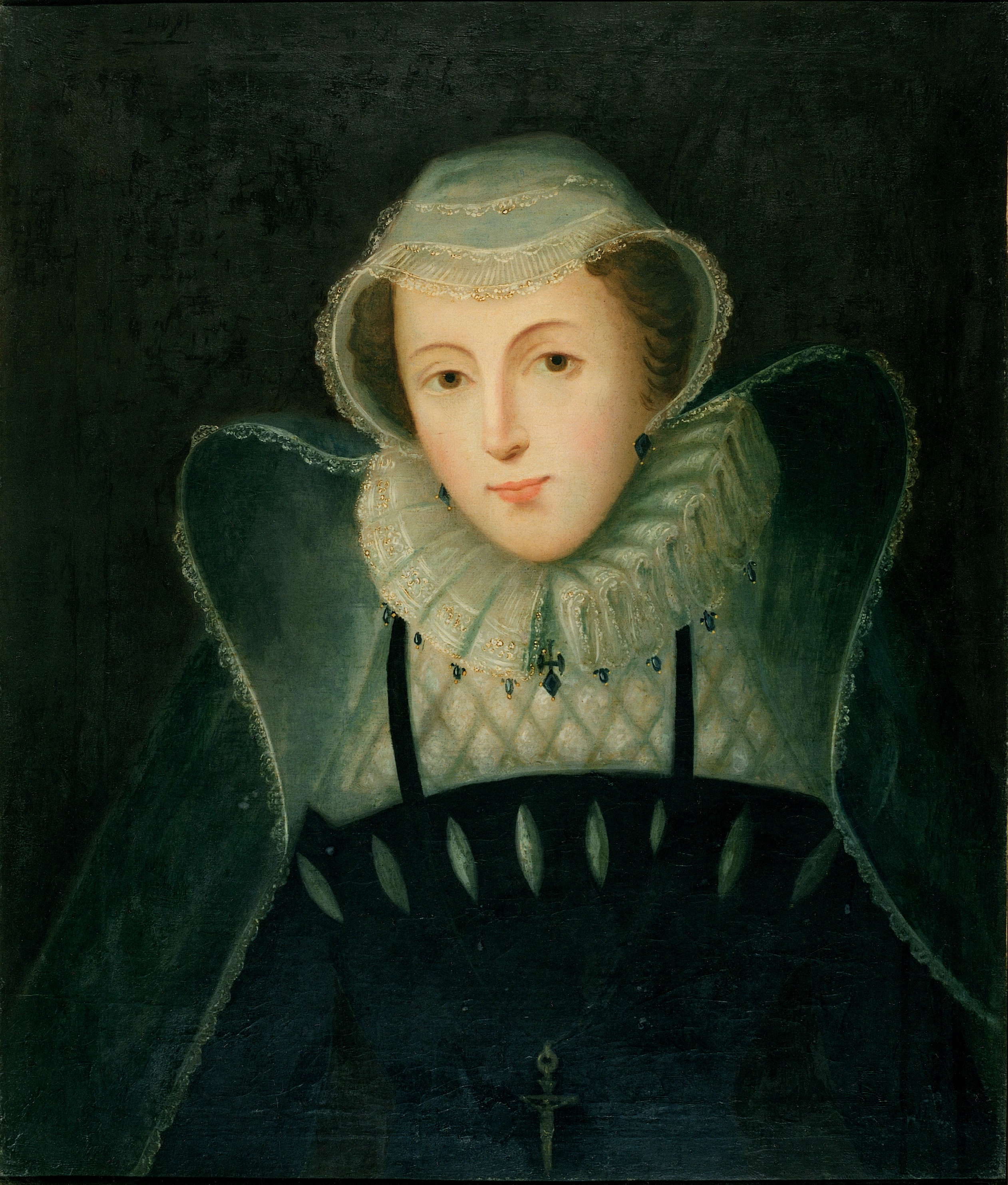 Painting of a women in historical black dress smiling.