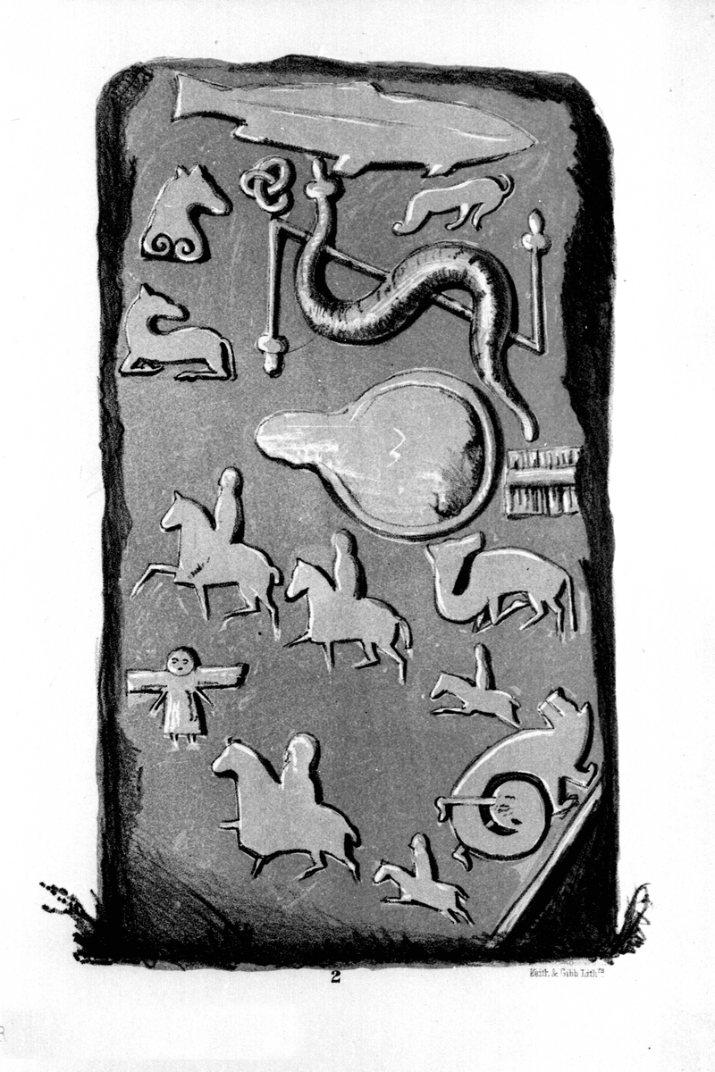 Drawing of sculptured stone with many figures on horses, a large fish and more